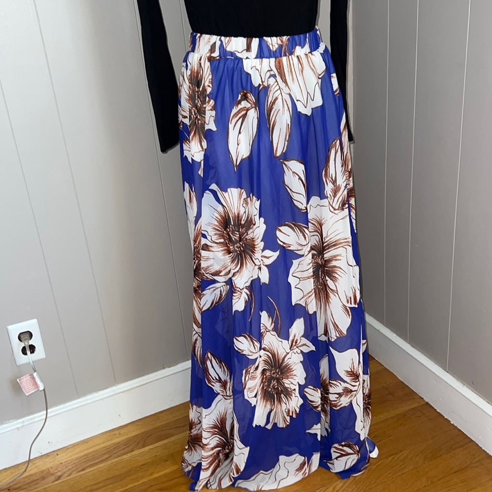 Blue Maxi Skirt with White Flowers